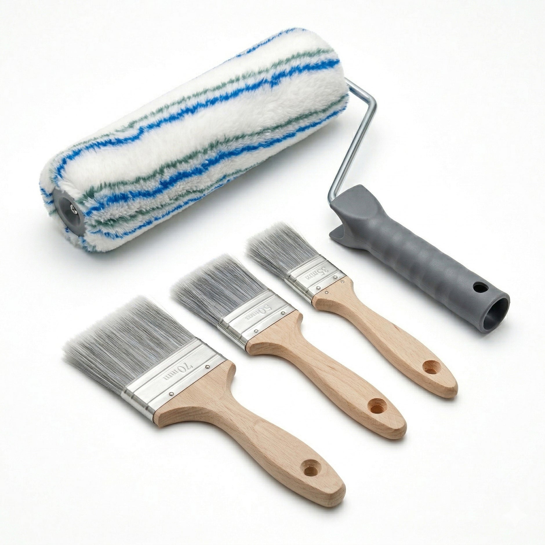 Set professionale per pittura: rullo da 27 cm + 3 pennelli 35/50/70 mm per vernici murali e smalti / interni ed esterni