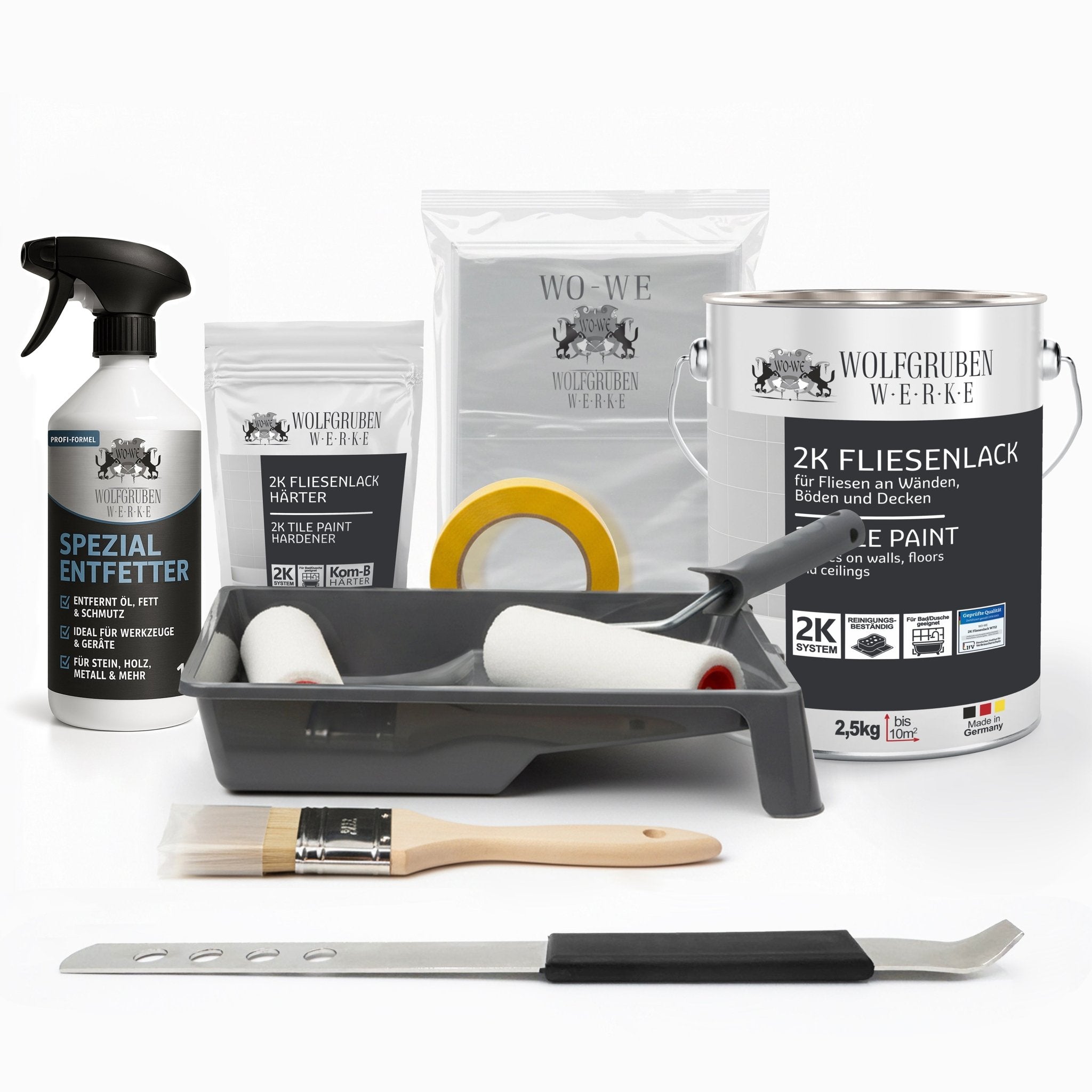 Komplettset 2K Fliesenlack Renovierungsset inkl. Entfetter & Zubehör – Für Küche, Badezimmer, Wand - & Bodenfliesen 2,5–5 kg - WO - WE.SHOP